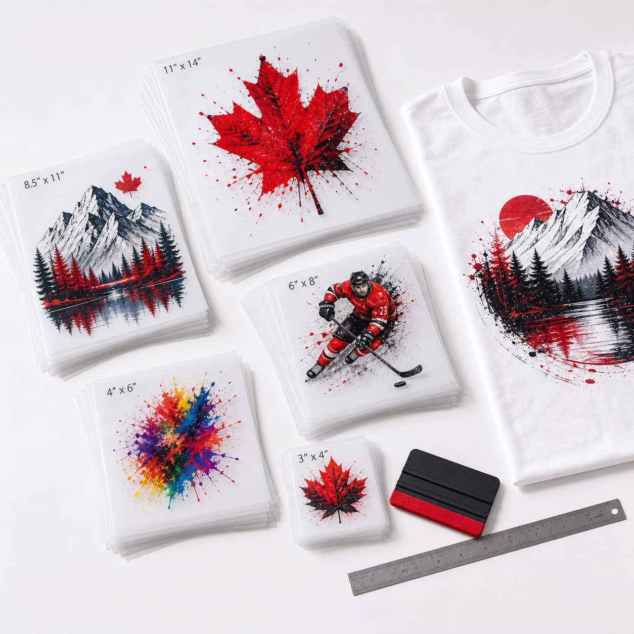 DTF transfer sheets in multiple sizes beside a printed white t-shirt
