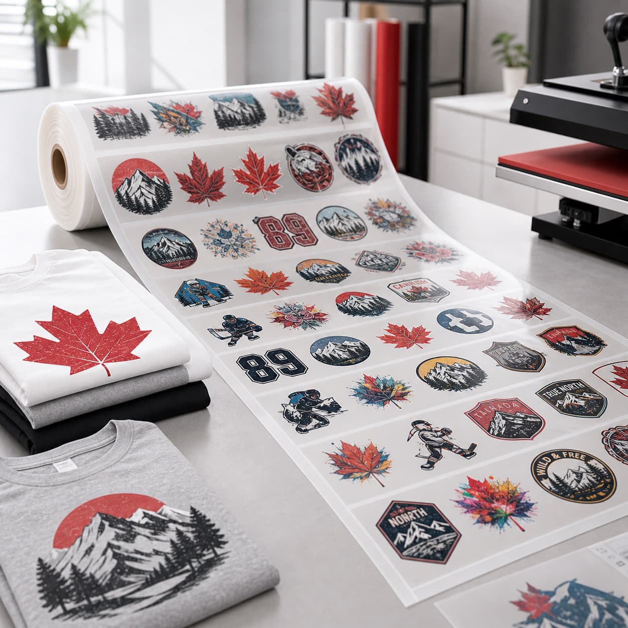 DTF gang roll with many transfer designs beside folded shirts