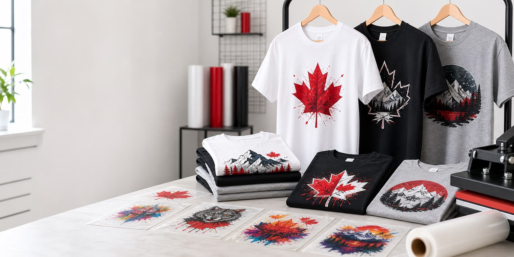 Custom t-shirts and DTF transfer sheets in a professional print studio