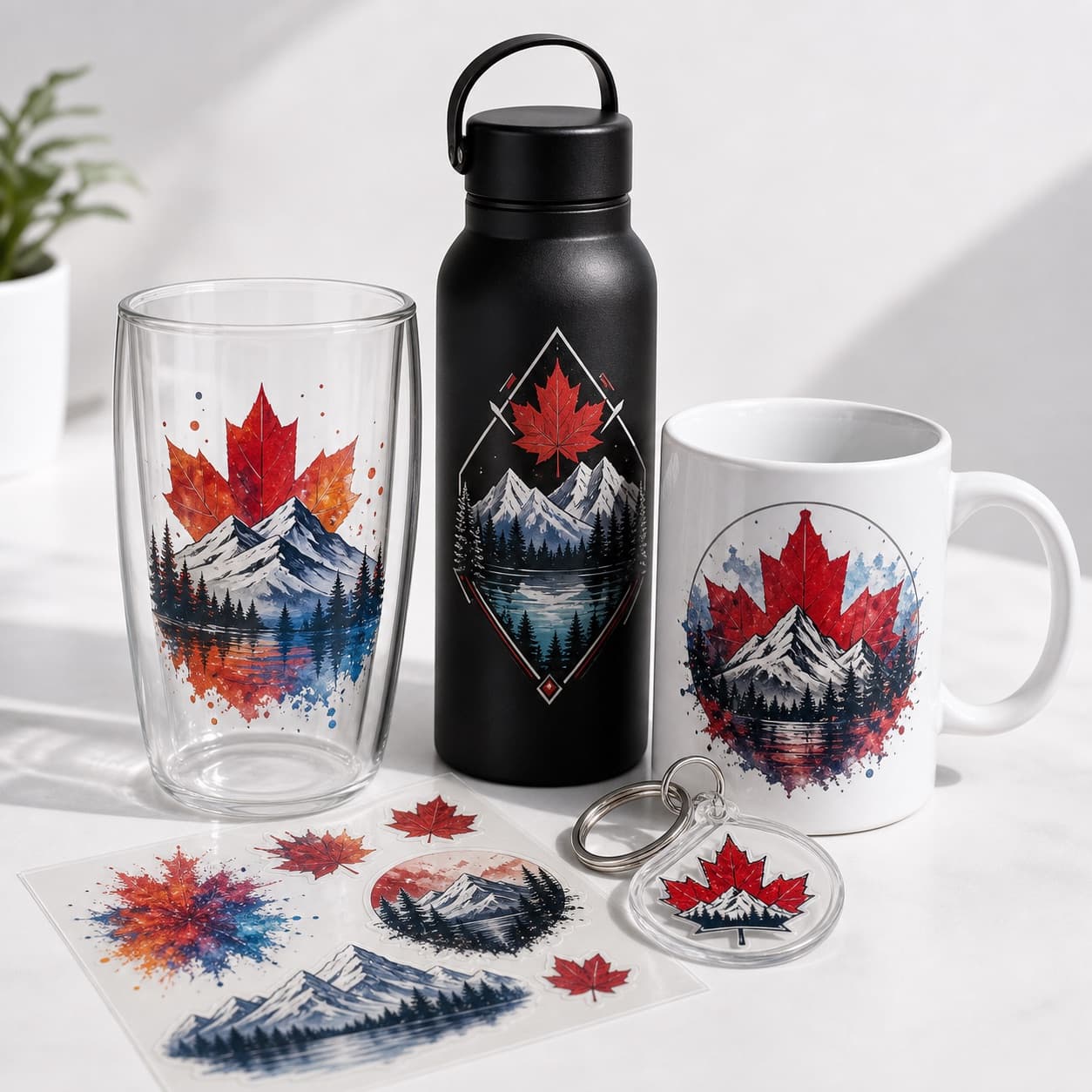 UV DTF decorated drinkware, mug, keychain, and sticker sheet